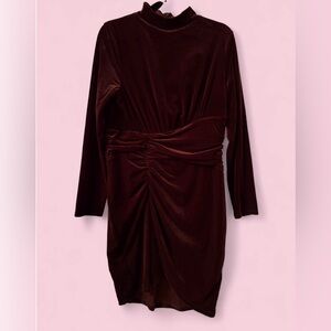 Express Brown Velvet Ruched Long Sleeve Mini Dress | Size L